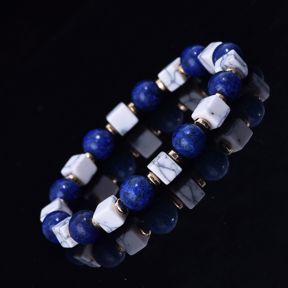 Natural Lapis Lazuli and Howlite Beaded Bracelet, Unisex Gift